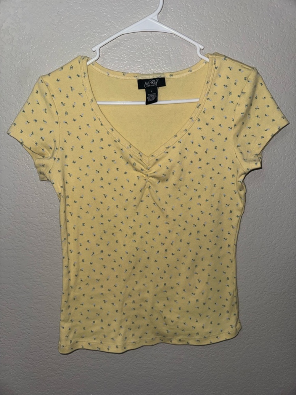 Just Polly New York Yellow V-Neck Short Sleeve Tee with Tiny Floral Print